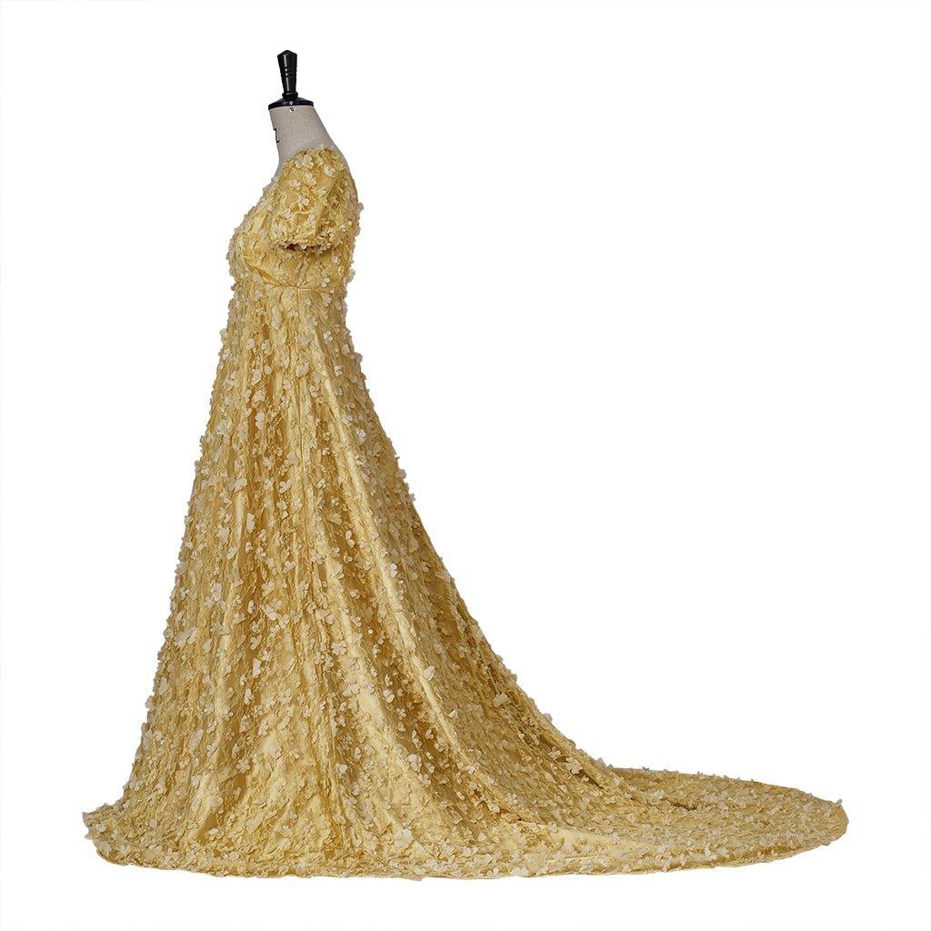 Astricos Gold Patterned Silk Empire Gown - Elegant Historical Dress for Cosplay, Parties, and Events - Astricos