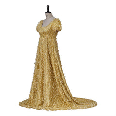 Astricos Gold Patterned Silk Empire Gown - Elegant Historical Dress for Cosplay, Parties, and Events - Astricos