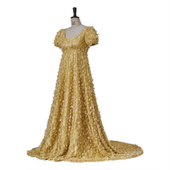 Astricos Gold Patterned Silk Empire Gown - Elegant Historical Dress for Cosplay, Parties, and Events - Astricos