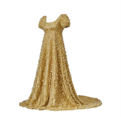 Astricos Gold Patterned Silk Empire Gown - Elegant Historical Dress for Cosplay, Parties, and Events - Astricos