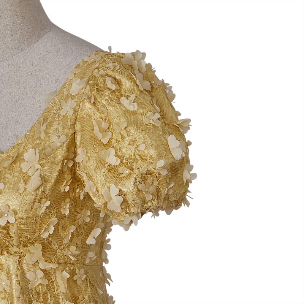 Astricos Gold Patterned Silk Empire Gown - Elegant Historical Dress for Cosplay, Parties, and Events - Astricos