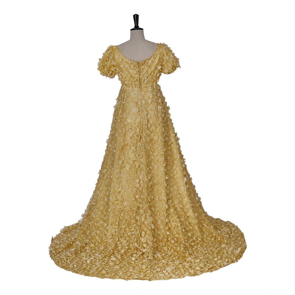 Astricos Gold Patterned Silk Empire Gown - Elegant Historical Dress for Cosplay, Parties, and Events - Astricos