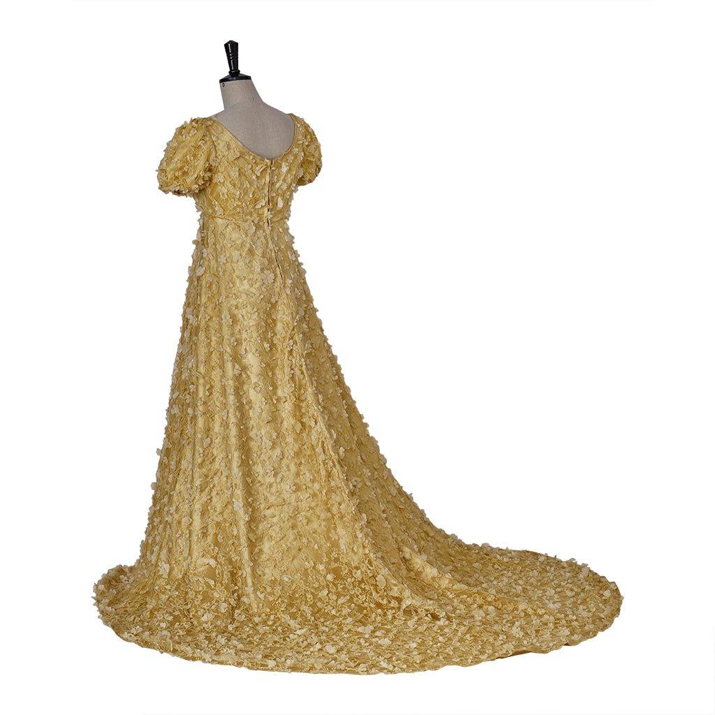 Astricos Gold Patterned Silk Empire Gown - Elegant Historical Dress for Cosplay, Parties, and Events - Astricos