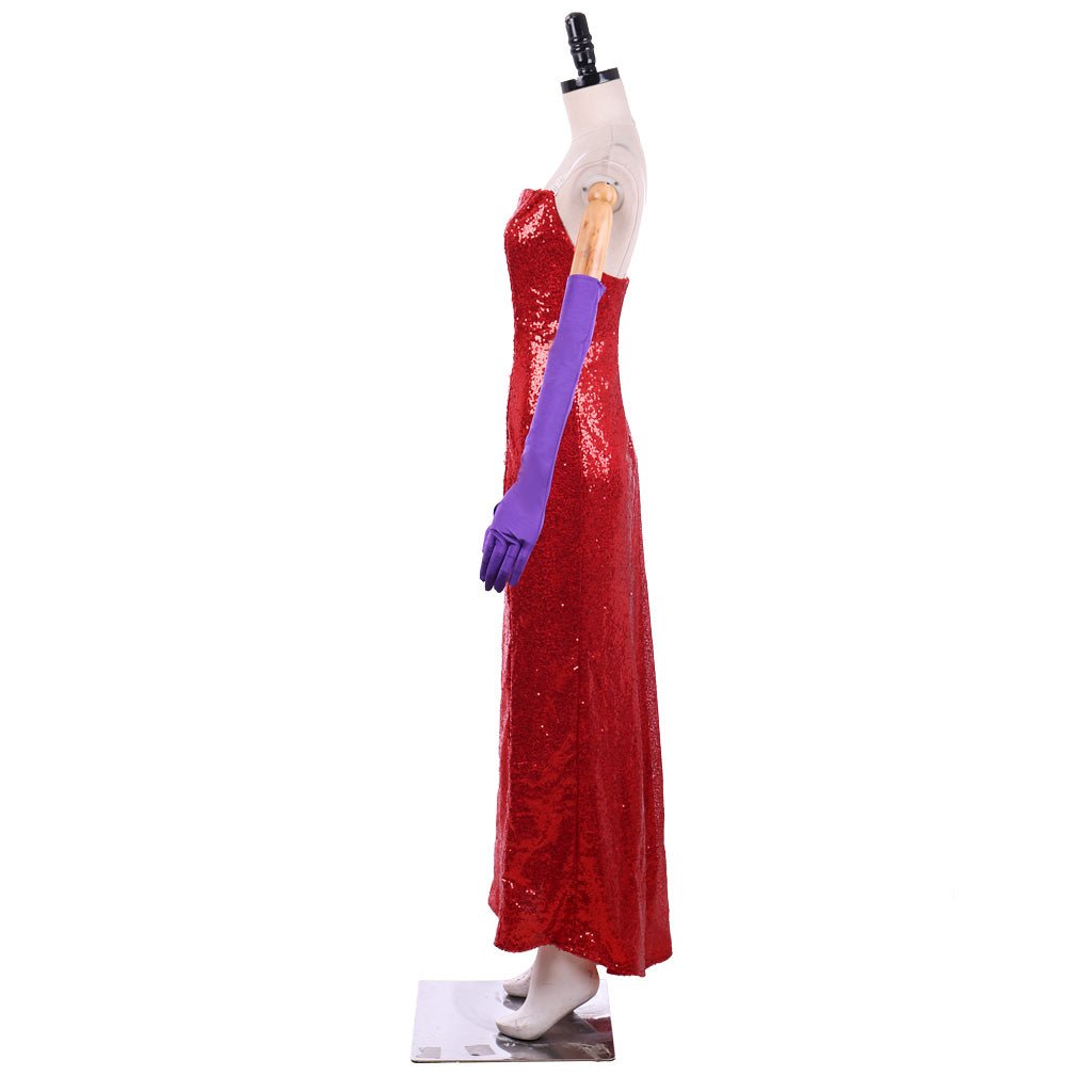 Astricos Jessica Rabbit Elegant Red Sequin Cosplay Dress with High Split and Lavish Purple Gloves - Astricos