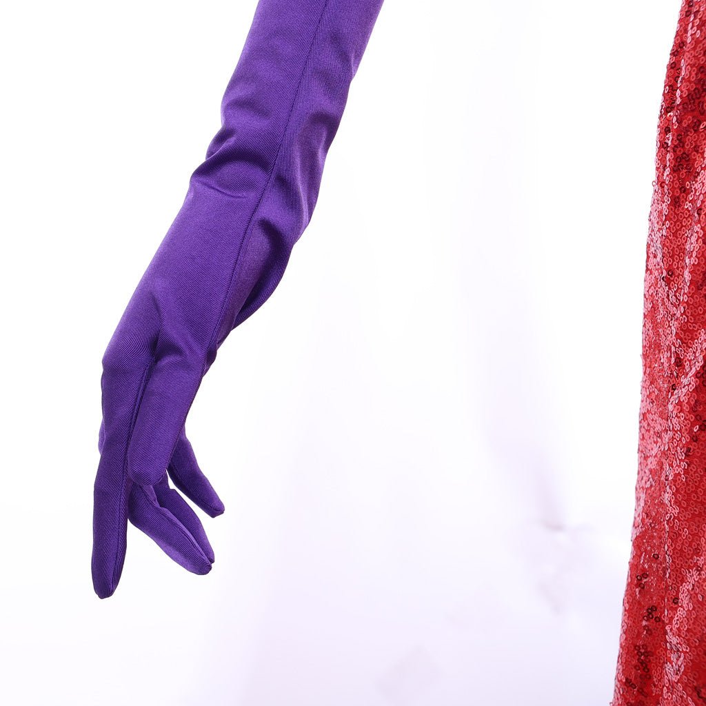 Astricos Jessica Rabbit Elegant Red Sequin Cosplay Dress with High Split and Lavish Purple Gloves - Astricos