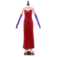 Astricos Jessica Rabbit Elegant Red Sequin Cosplay Dress with High Split and Lavish Purple Gloves - Astricos