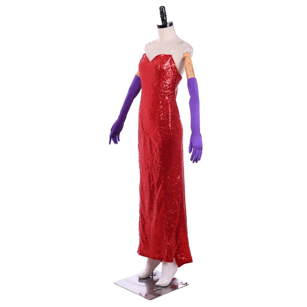 Astricos Jessica Rabbit Elegant Red Sequin Cosplay Dress with High Split and Lavish Purple Gloves - Astricos