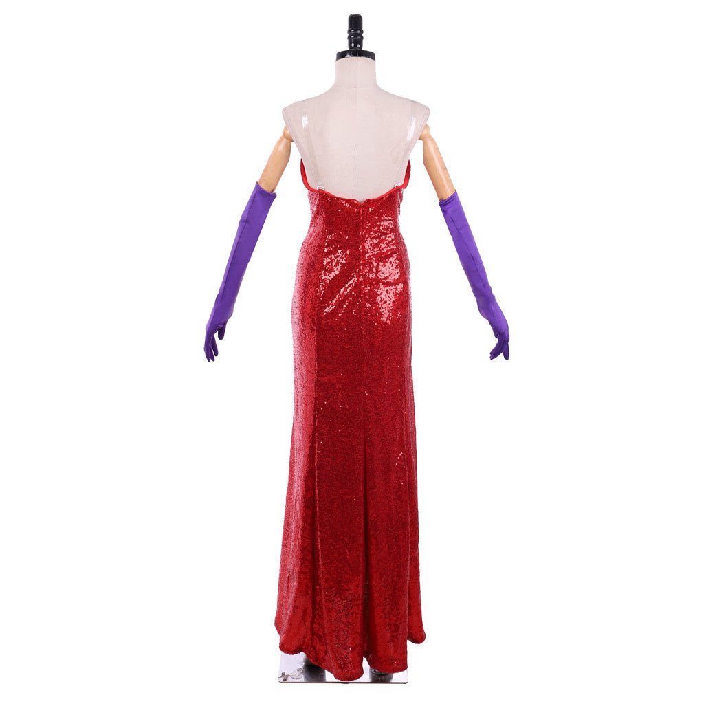 Astricos Jessica Rabbit Elegant Red Sequin Cosplay Dress with High Split and Lavish Purple Gloves - Astricos