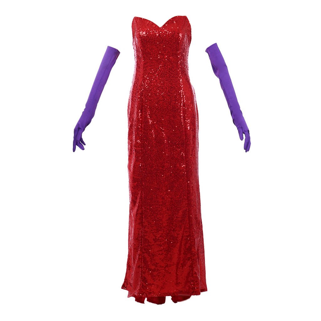 Astricos Jessica Rabbit Elegant Red Sequin Cosplay Dress with High Split and Lavish Purple Gloves - Astricos