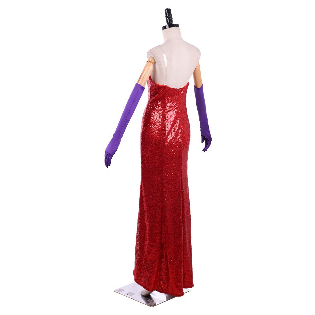 Astricos Jessica Rabbit Elegant Red Sequin Cosplay Dress with High Split and Lavish Purple Gloves - Astricos