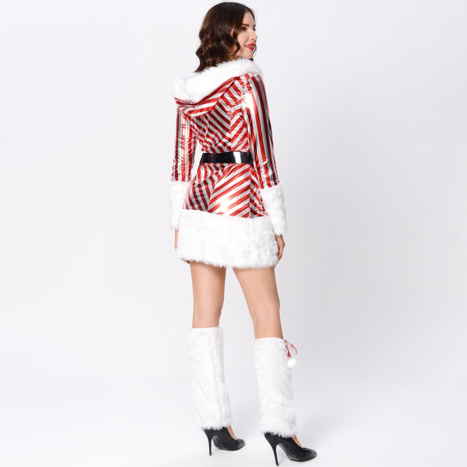 Astricos Long-Sleeved Striped Patent Leather Sexy Christmas Outfit with Foot Cover - Astricos