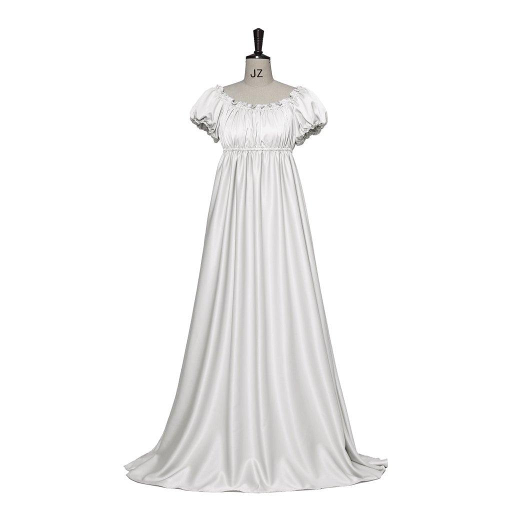 Astricos Traditional Empire Gown - Bridgerton Cosplay Costume in Silver White Silky Fabric - Astricos