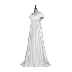 Astricos Traditional Empire Gown - Bridgerton Cosplay Costume in Silver White Silky Fabric - Astricos