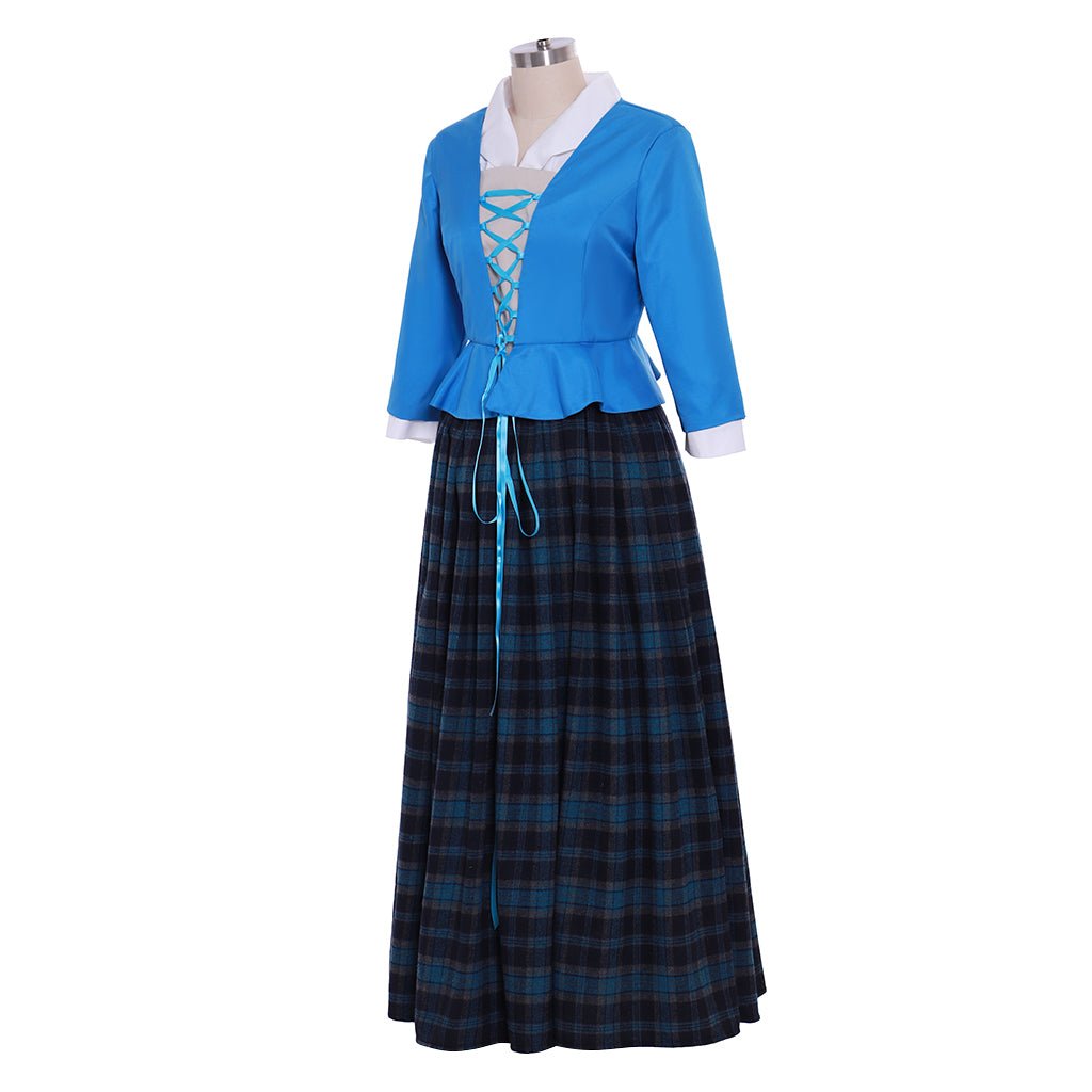 Outlander Claire Cosplay Costume | Authentic Scottish Highland Blue Dress with Plaid Pleated Skirt | Astricos - Astricos