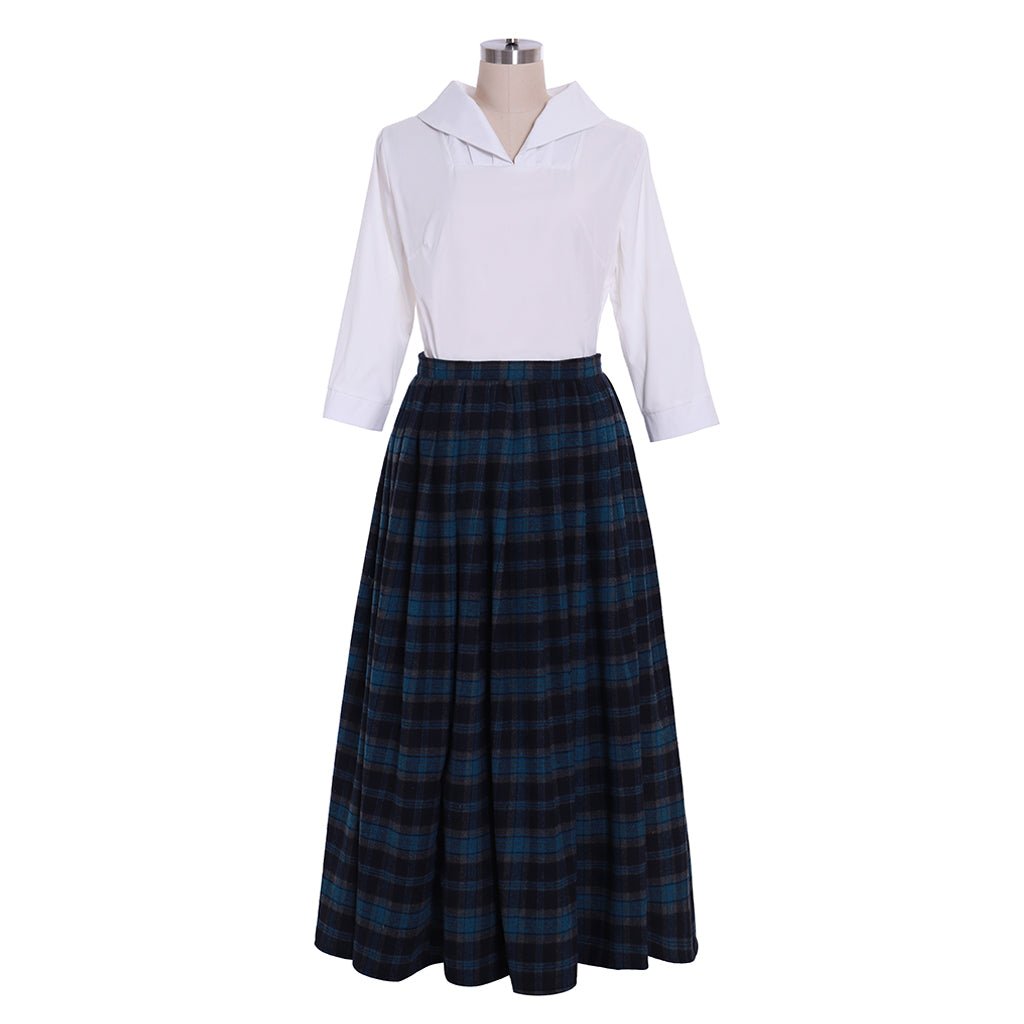 Outlander Claire Cosplay Costume | Authentic Scottish Highland Blue Dress with Plaid Pleated Skirt | Astricos - Astricos