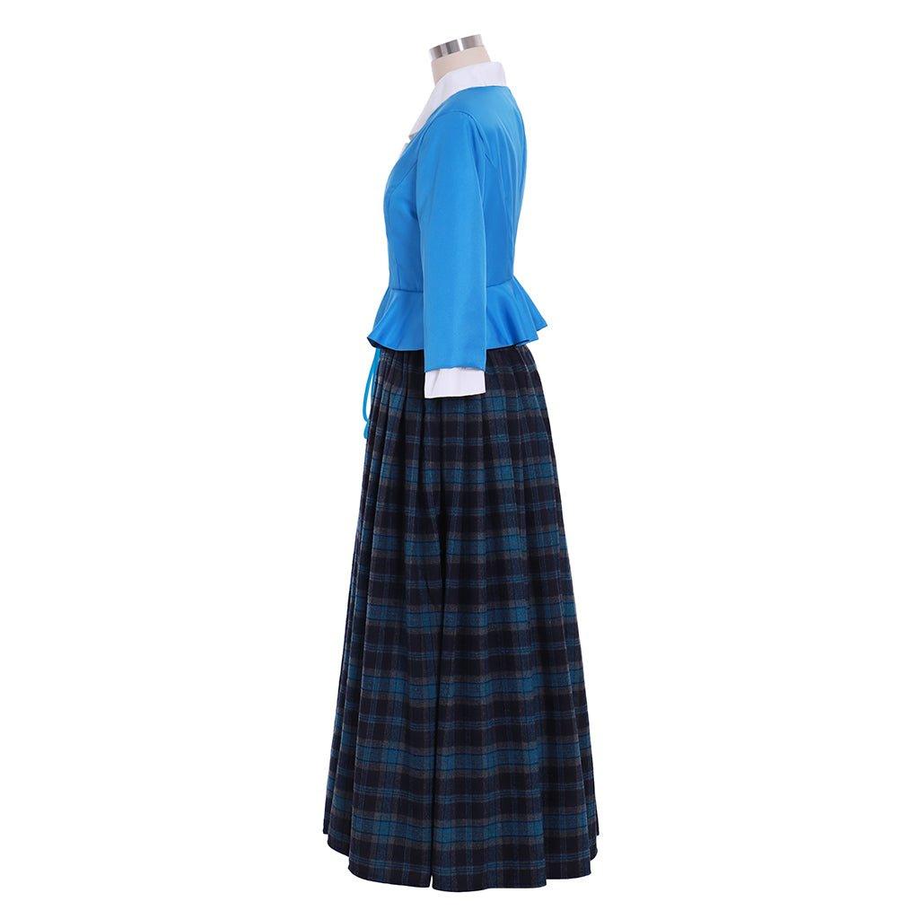 Outlander Claire Cosplay Costume | Authentic Scottish Highland Blue Dress with Plaid Pleated Skirt | Astricos - Astricos