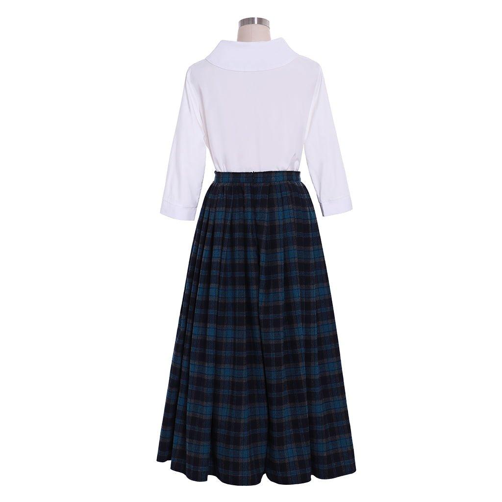 Outlander Claire Cosplay Costume | Authentic Scottish Highland Blue Dress with Plaid Pleated Skirt | Astricos - Astricos