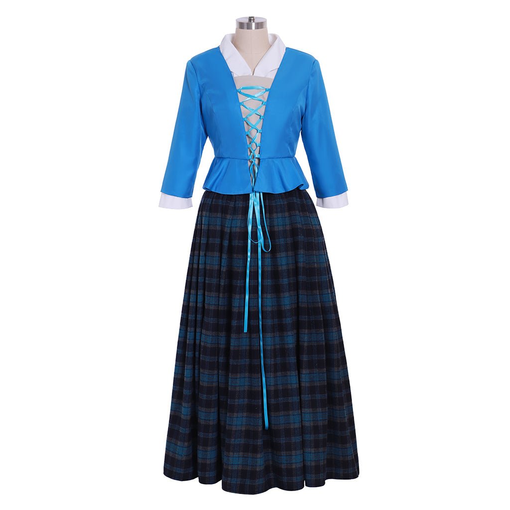 Outlander Claire Cosplay Costume | Authentic Scottish Highland Blue Dress with Plaid Pleated Skirt | Astricos - Astricos