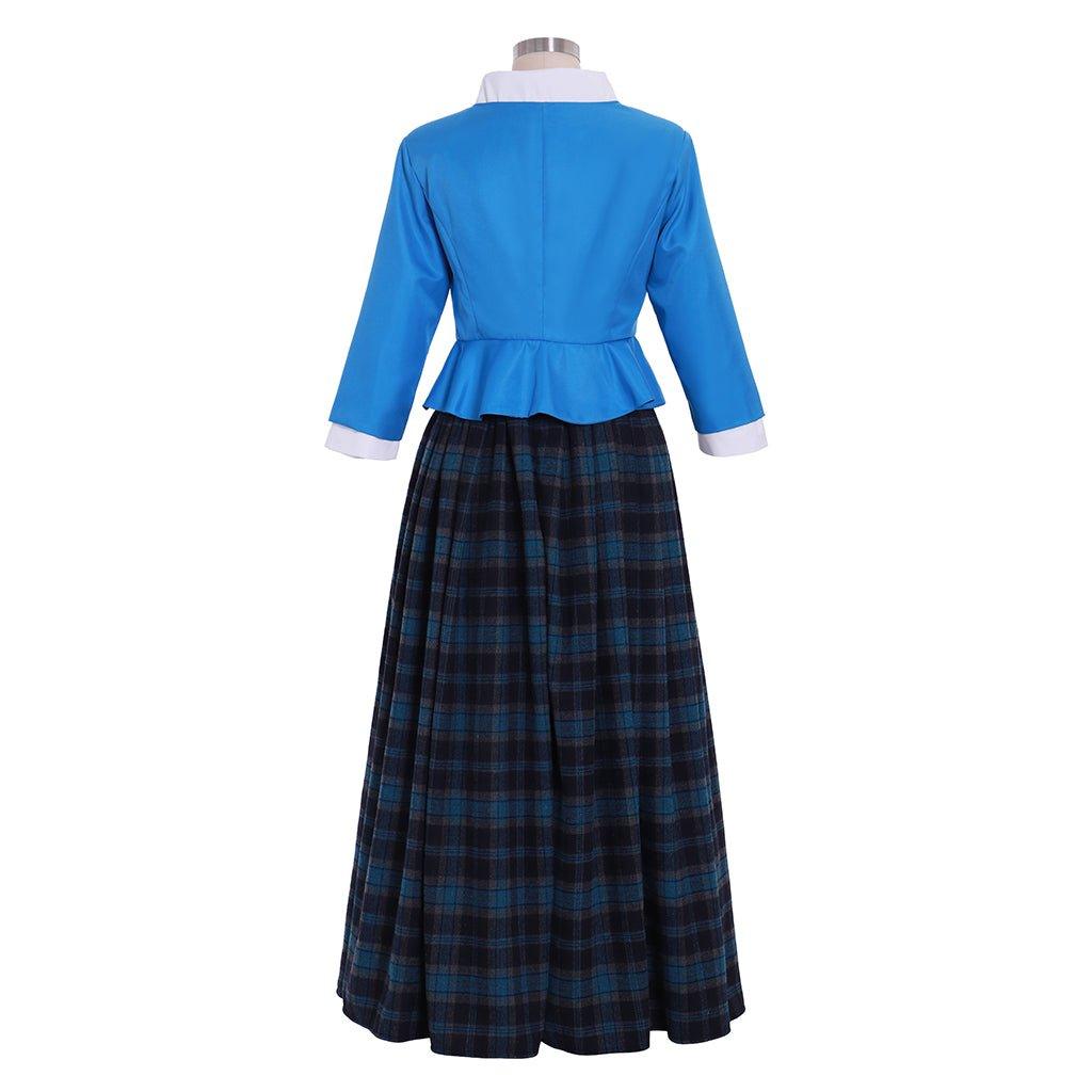 Outlander Claire Cosplay Costume | Authentic Scottish Highland Blue Dress with Plaid Pleated Skirt | Astricos - Astricos