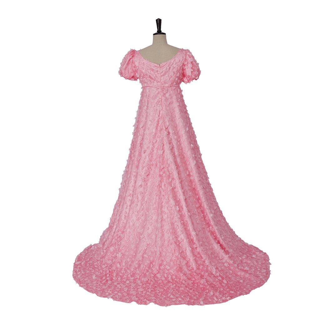 Astricos Pink Patterned Silk Satin Empire Gown - Medieval Regency Dress for Cosplay, Holidays and Special Events - Astricos