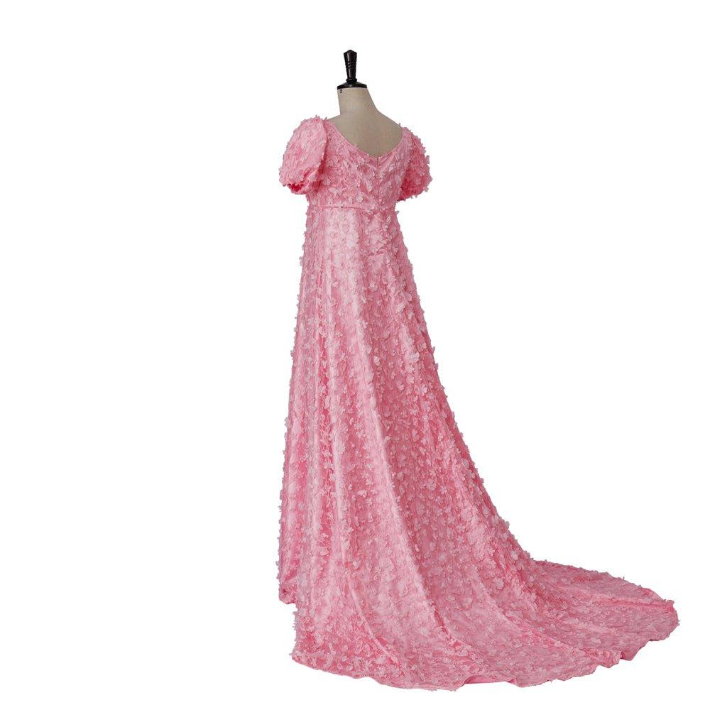 Astricos Pink Patterned Silk Satin Empire Gown - Medieval Regency Dress for Cosplay, Holidays and Special Events - Astricos