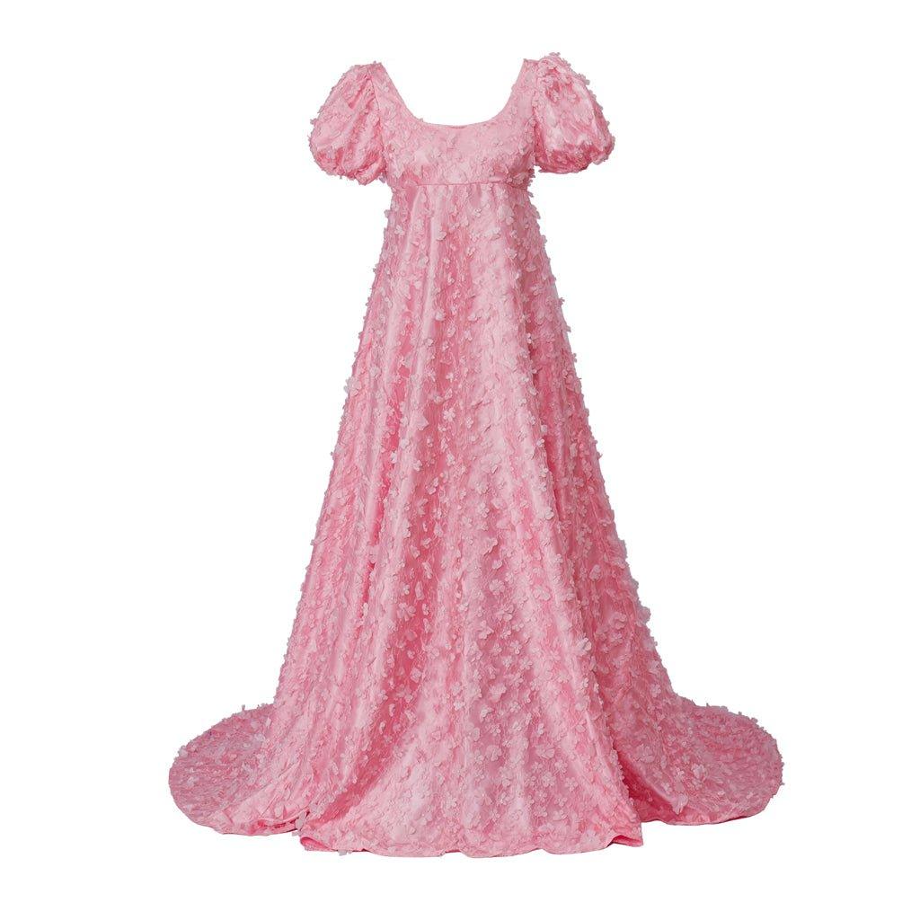 Astricos Pink Patterned Silk Satin Empire Gown - Medieval Regency Dress for Cosplay, Holidays and Special Events - Astricos