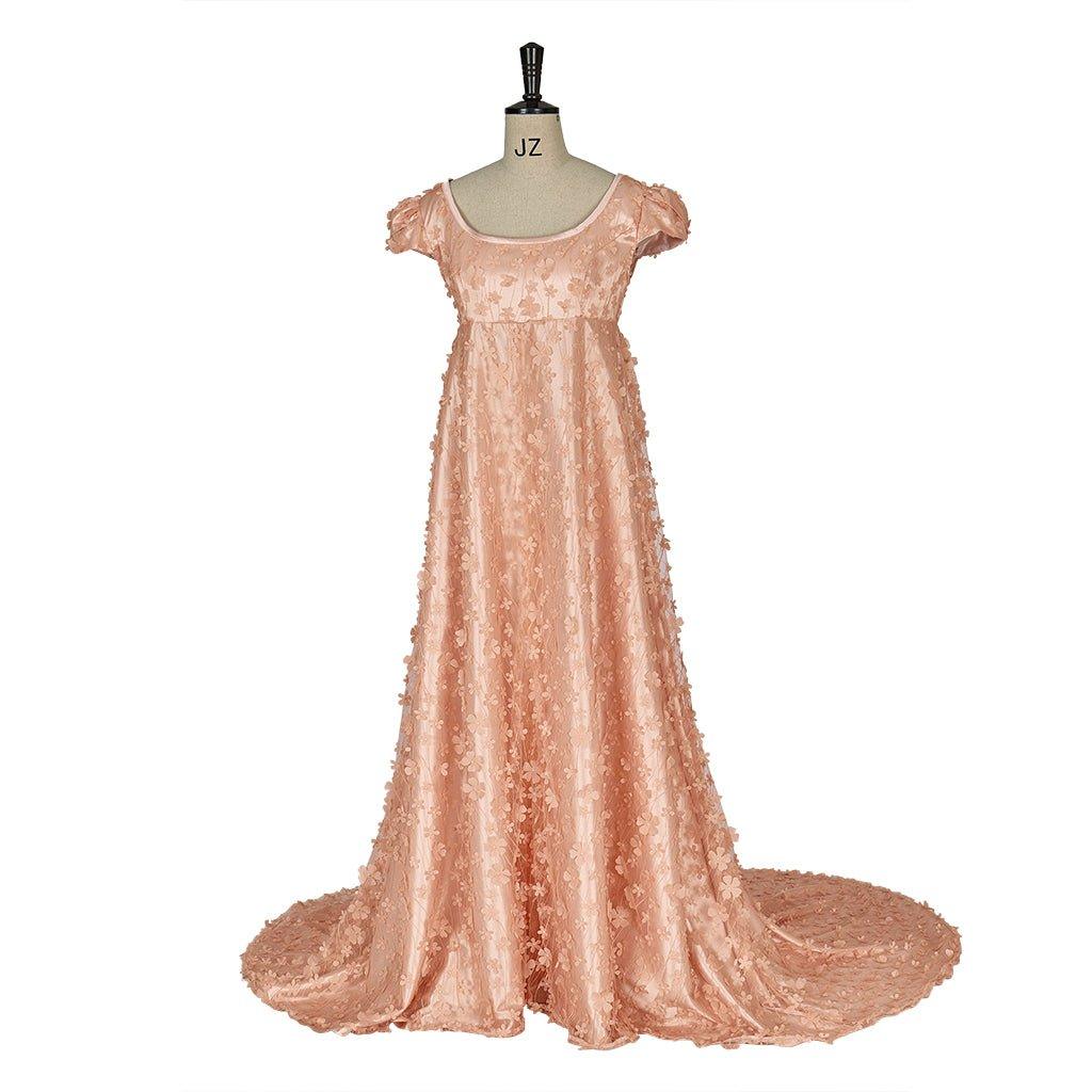 Crisp Pink Patterned Silk-Like Empire Gown - Timeless Regency Dress for Astricos Cosplay, Holidays, and Special Occasions - Astricos