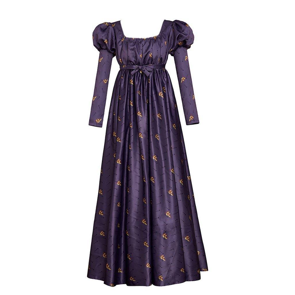 Astricos Vintage Empire Dress - Jane Austen Inspired Purple Floral Tea Party Ball Gown with Puffy Sleeves - Astricos