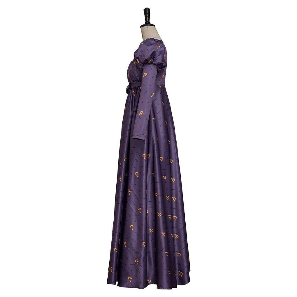 Astricos Vintage Empire Dress - Jane Austen Inspired Purple Floral Tea Party Ball Gown with Puffy Sleeves - Astricos