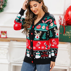 Astricos V-Neck Striped Long Sleeve Cardigan | Festive Reindeer Christmas Sweater for Women - Astricos