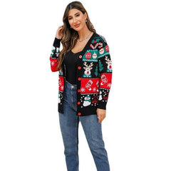 Astricos V-Neck Striped Long Sleeve Cardigan | Festive Reindeer Christmas Sweater for Women - Astricos