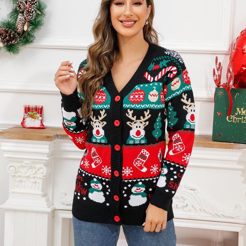 Astricos V-Neck Striped Long Sleeve Cardigan | Festive Reindeer Christmas Sweater for Women - Astricos