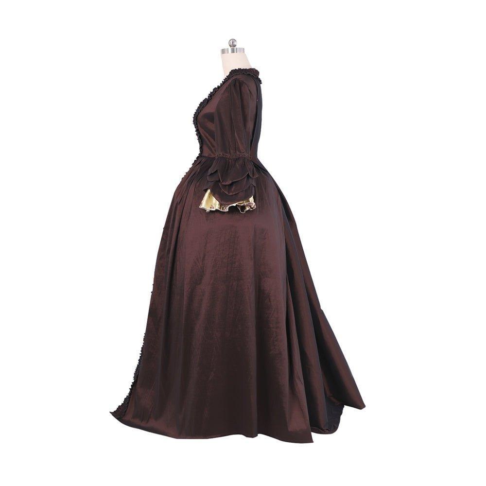 Astricos Coffee Brown Rococo Dress - Elegant Embroidered Brocade with Glittering Gold Details - Astricos