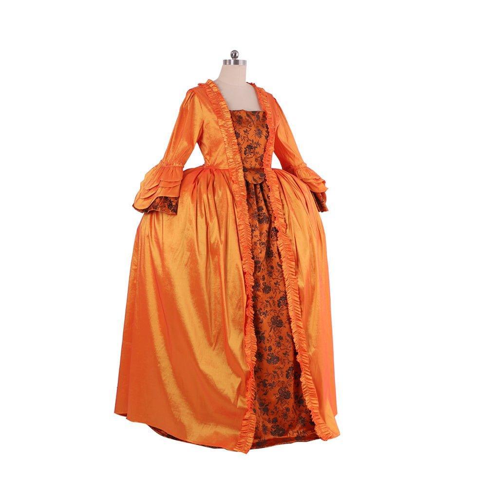 Baroque Orange Brocade Dress with Floral Chest Band - A Vivid Historical Inspired Costume by Astricos - Astricos