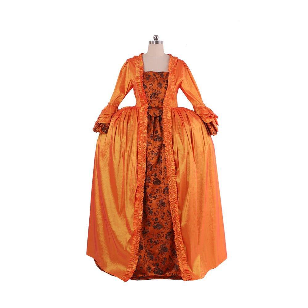 Baroque Orange Brocade Dress with Floral Chest Band - A Vivid Historical Inspired Costume by Astricos - Astricos