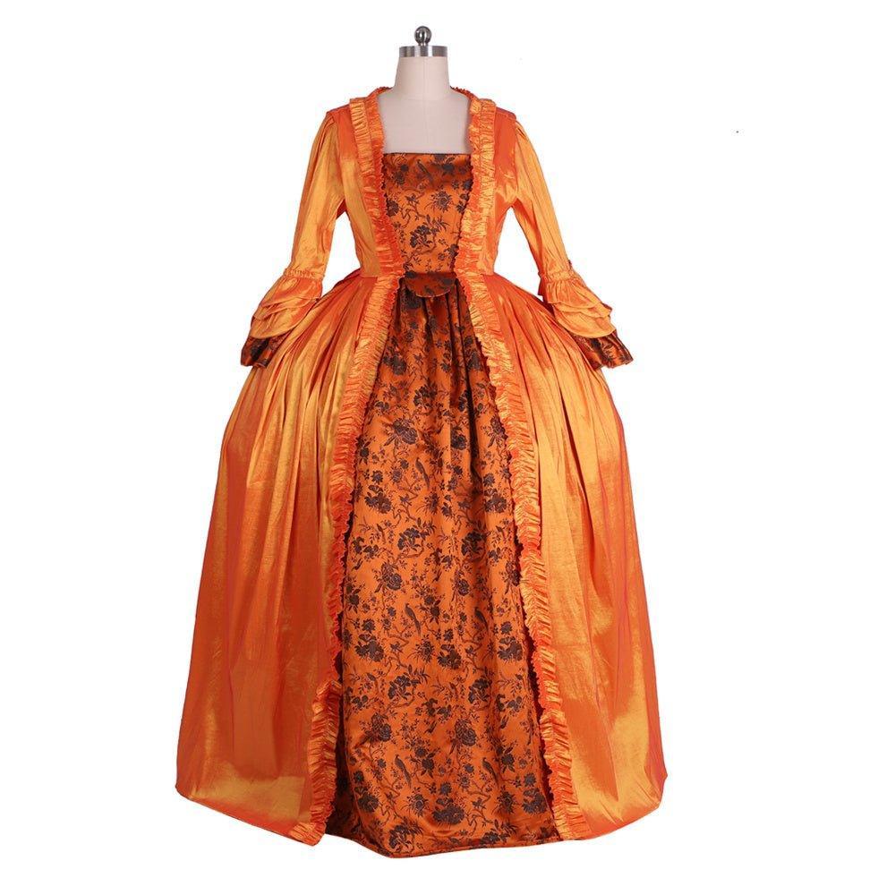 Baroque Orange Brocade Dress with Floral Chest Band - A Vivid Historical Inspired Costume by Astricos - Astricos