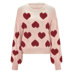 Charming Valentine’s Day Pink Heart Knit Sweater with Puff Sleeves – Warm Astricos Pullover for Winter - Astricos