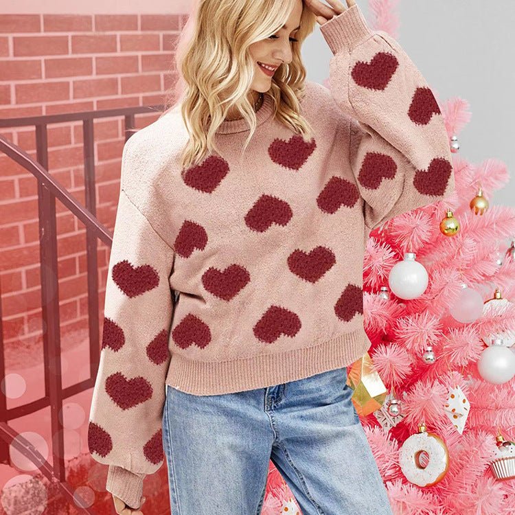 Charming Valentine’s Day Pink Heart Knit Sweater with Puff Sleeves – Warm Astricos Pullover for Winter - Astricos