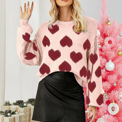 Charming Valentine’s Day Pink Heart Knit Sweater with Puff Sleeves – Warm Astricos Pullover for Winter - Astricos