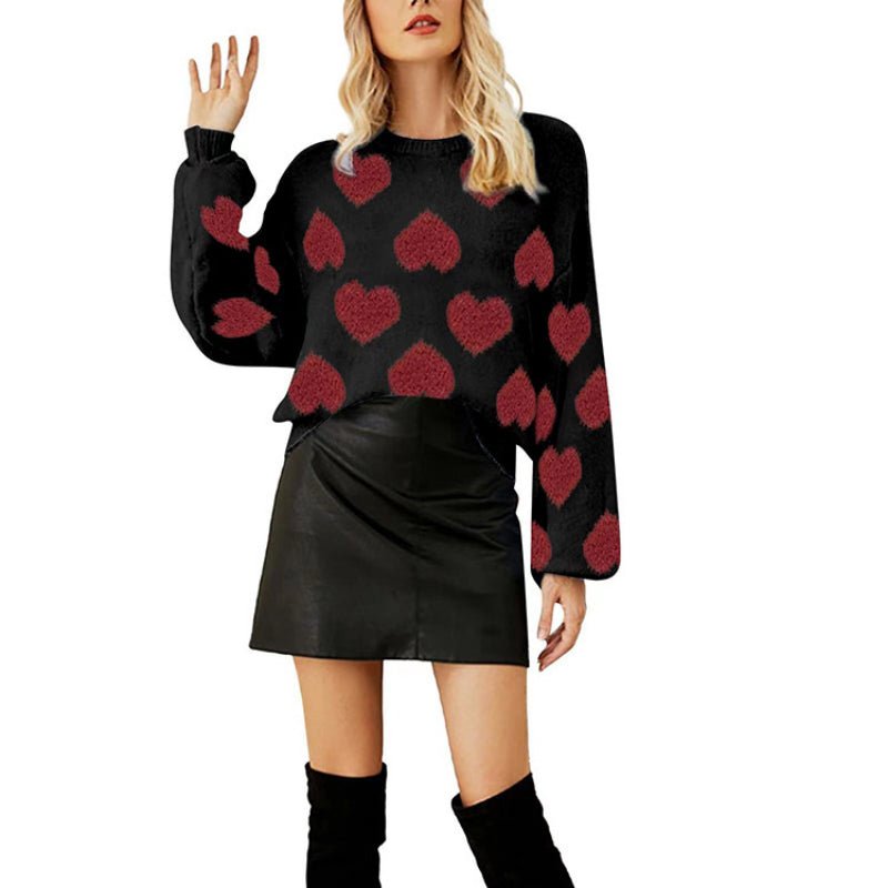 Charming Valentine’s Day Pink Heart Knit Sweater with Puff Sleeves – Warm Astricos Pullover for Winter - Astricos