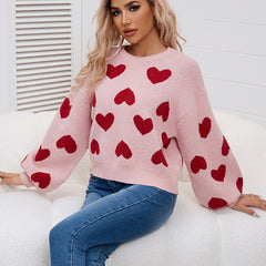 Charming Valentine’s Day Pink Heart Knit Sweater with Puff Sleeves – Warm Astricos Pullover for Winter - Astricos