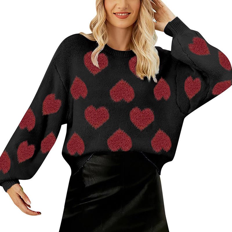 Charming Valentine’s Day Pink Heart Knit Sweater with Puff Sleeves – Warm Astricos Pullover for Winter - Astricos