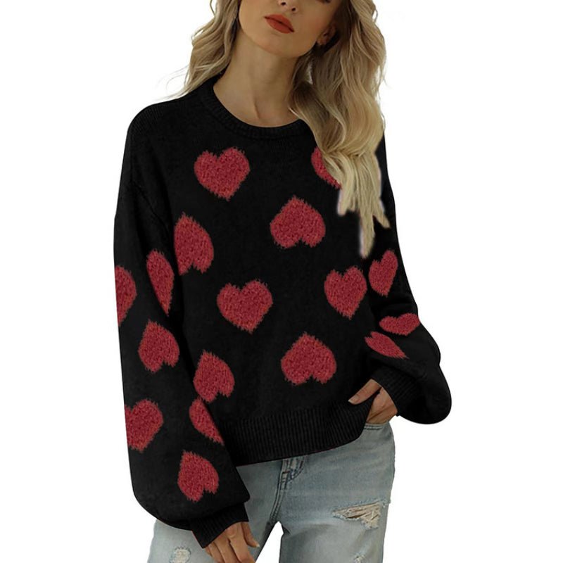 Charming Valentine’s Day Pink Heart Knit Sweater with Puff Sleeves – Warm Astricos Pullover for Winter - Astricos