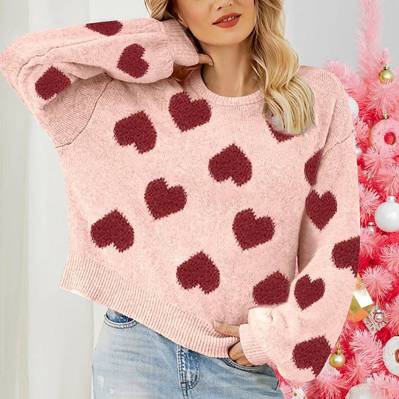 Charming Valentine’s Day Pink Heart Knit Sweater with Puff Sleeves – Warm Astricos Pullover for Winter - Astricos