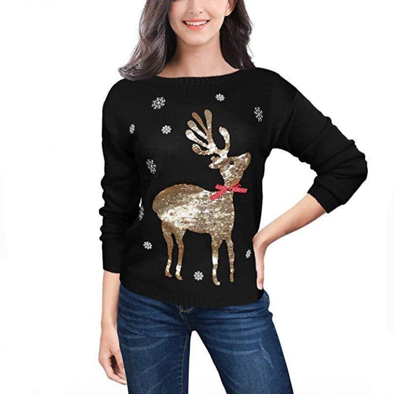 Astricos Women's Christmas Sweater – Fun Reindeer Open-Front Knitted Cardigan for Holiday Joy - Astricos