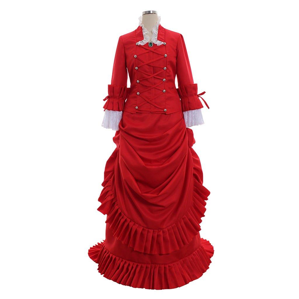 Elegant Victorian Red Bustle Dress | 1860s Duchess Strap Gown for Grand Occasions - Astricos