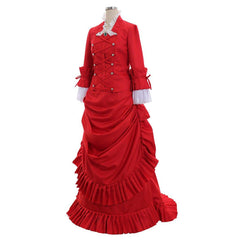 Elegant Victorian Red Bustle Dress | 1860s Duchess Strap Gown for Grand Occasions - Astricos