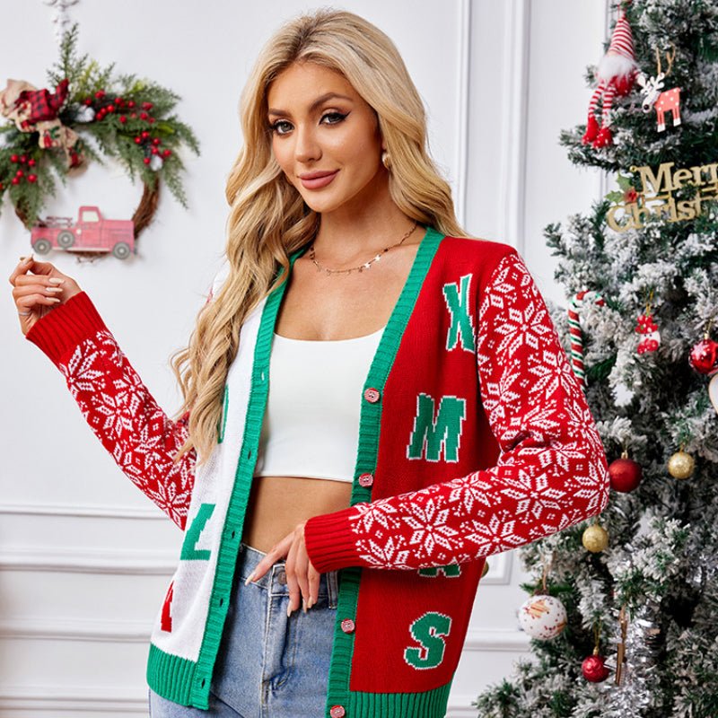 Women's Festive Red V-Neck Knitted Cardigan with Letter Jacquard | Astricos Cozy Winter Sweater - Astricos