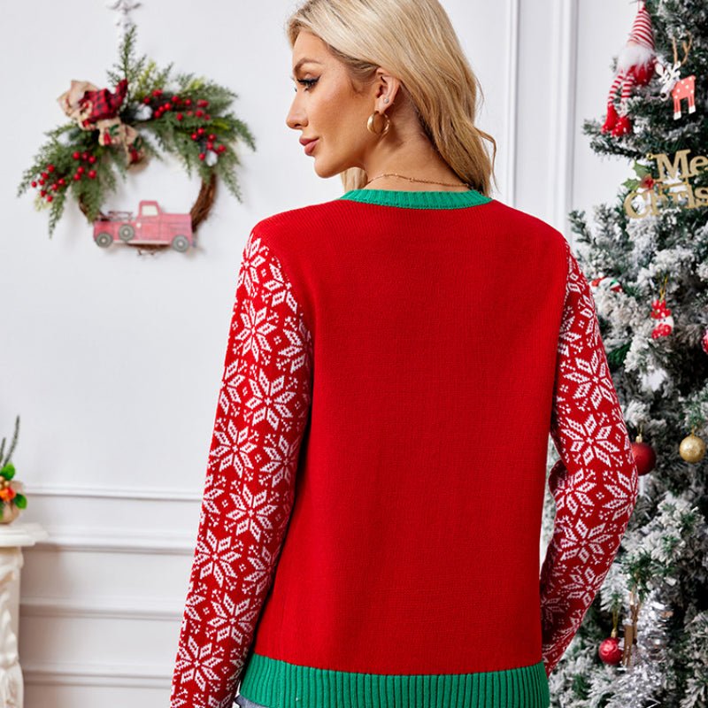 Women's Festive Red V-Neck Knitted Cardigan with Letter Jacquard | Astricos Cozy Winter Sweater - Astricos