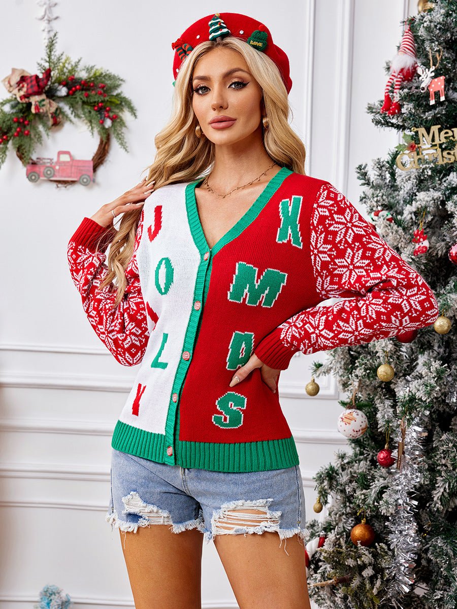 Women's Festive Red V-Neck Knitted Cardigan with Letter Jacquard | Astricos Cozy Winter Sweater - Astricos